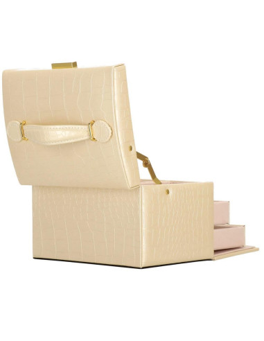 Cutie pentru bijuterii, MDF, piele ecologica si catifea, crem si roz, cu oglinda, 17.5x14x12.5 cm, Springos