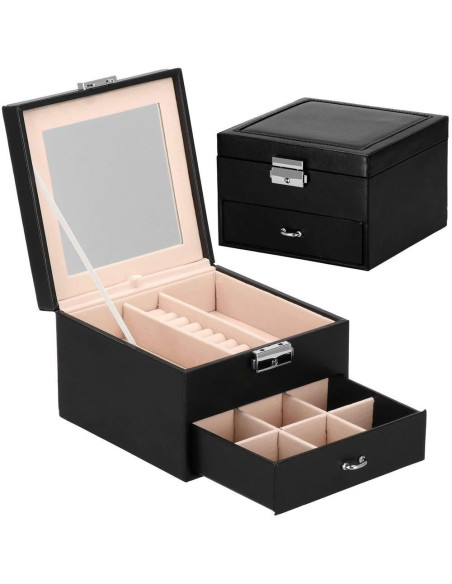 Cutie pentru bijuterii, catifea si piele ecologica, negru si roz, cu oglinda, 16x16x11 cm, Springos
