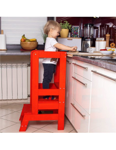 Inaltator multifunctional/ajutor de bucatarie pentru copii, ajustabil, lemn, rosu, 39x52x90 cm, Springos 2