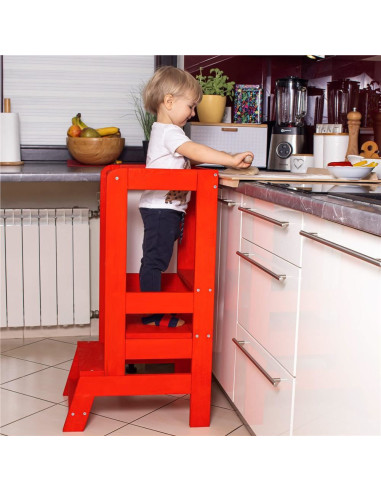 Inaltator multifunctional/ajutor de bucatarie pentru copii, ajustabil, lemn, rosu, 39x52x90 cm, Springos