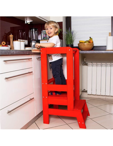 Inaltator multifunctional/ajutor de bucatarie pentru copii, ajustabil, lemn, rosu, 39x52x90 cm, Springos