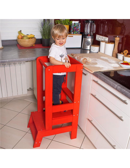 Inaltator multifunctional/ajutor de bucatarie pentru copii, ajustabil, lemn, rosu, 39x52x90 cm, Springos