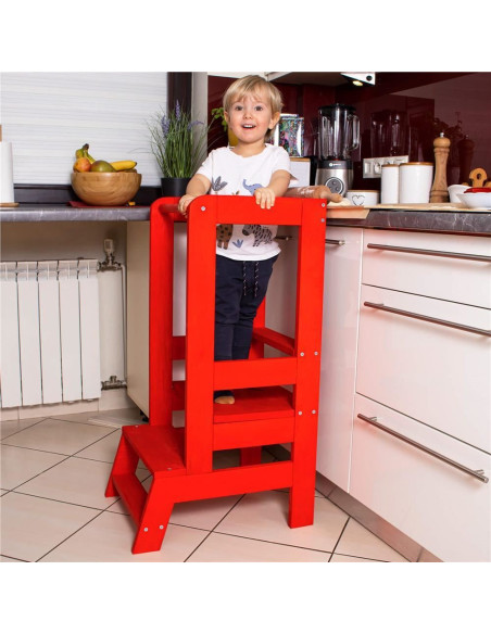 Inaltator multifunctional/ajutor de bucatarie pentru copii, ajustabil, lemn, rosu, 39x52x90 cm, Springos