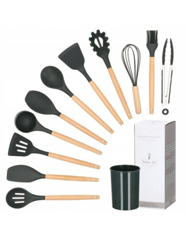 Set ustensile bucatarie, silicon si bambus, grafit, 12 piese, Springos