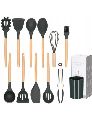 Set ustensile bucatarie, silicon si bambus, grafit, 12 piese, Springos