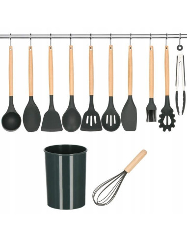 Set ustensile bucatarie, silicon si bambus, grafit, 12 piese, Springos
