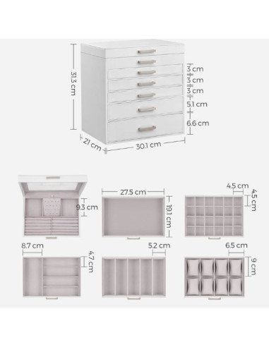 Cutie pentru Bijuterii si Ceasuri, 5 Sertare, Oglinda, MDF si Catifea, 30.2 x 21 x 31.3 cm, Alb