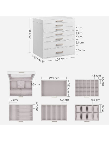 Cutie pentru Bijuterii si Ceasuri, 5 Sertare, Oglinda, MDF si Catifea, 30.2 x 21 x 31.3 cm, Alb