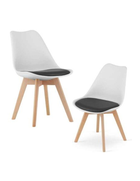 Set 2 Scaune Stil Scandinav, cu Picioare din Lemn de Fag, Sezut din PP si Perna din Piele Ecologica, 49 x 43 x 82 cm, Alb cu Neg