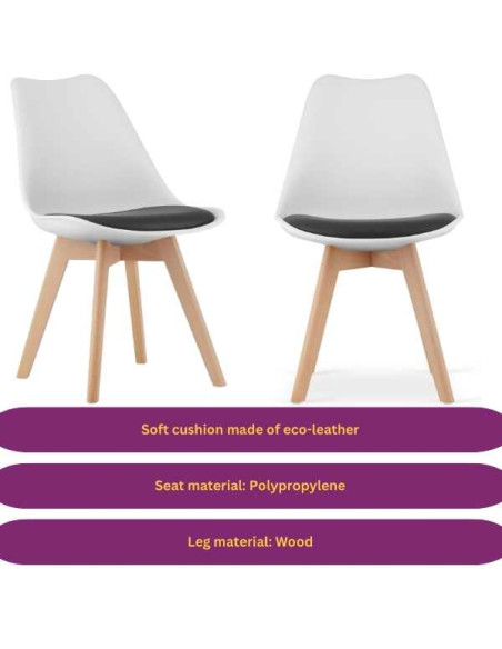 Set 2 Scaune Stil Scandinav, cu Picioare din Lemn de Fag, Sezut din PP si Perna din Piele Ecologica, 49 x 43 x 82 cm, Alb cu Neg