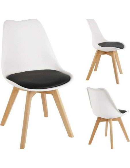 Set 2 Scaune Stil Scandinav, cu Picioare din Lemn de Fag, Sezut din PP si Perna din Piele Ecologica, 49 x 43 x 82 cm, Alb cu Neg