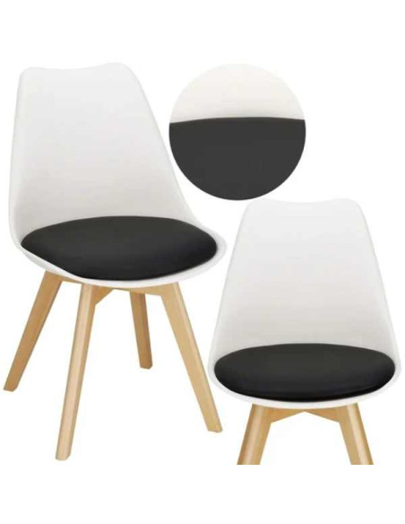 Set 2 Scaune Stil Scandinav, cu Picioare din Lemn de Fag, Sezut din PP si Perna din Piele Ecologica, 49 x 43 x 82 cm, Alb cu Neg