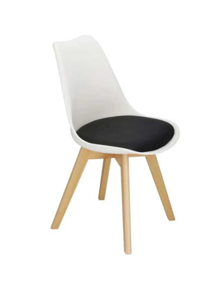 Set 2 Scaune Stil Scandinav, cu Picioare din Lemn de Fag, Sezut din PP si Perna din Piele Ecologica, 49 x 43 x 82 cm, Alb cu Neg