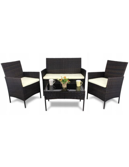 Set mobilier gradina/terasa, poliratan, maro cu perne crem, 1 masa, 2 fotolii, 1 canapea, Medi