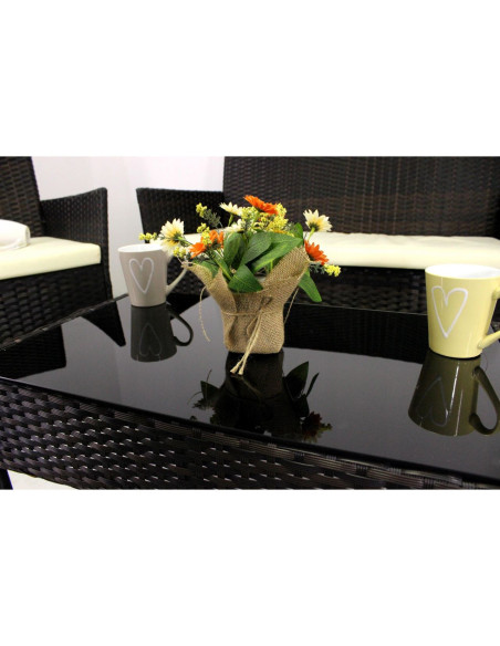 Set mobilier gradina/terasa, poliratan, maro cu perne crem, 1 masa, 2 fotolii, 1 canapea, Medi