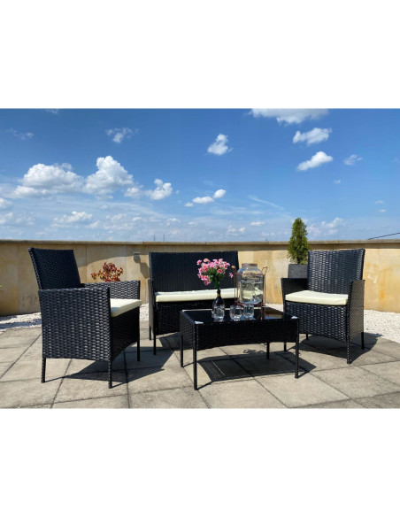 Set mobilier gradina/terasa, poliratan, maro cu perne crem, 1 masa, 2 fotolii, 1 canapea, Medi