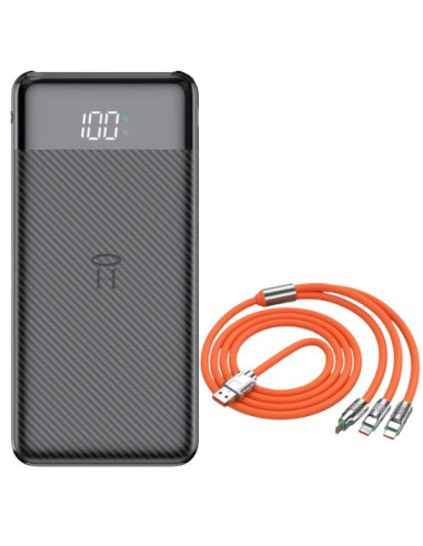 Powerbank Li-Po cu Display LED, 10.000 mAh, 2 X USB, 1 X USB-C si Cablu de incarcare Fast Charge, 3 in 1, 120 W, 2 m