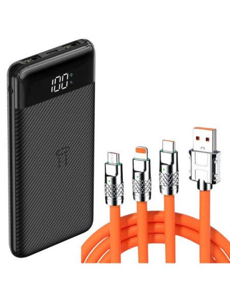 Powerbank Li-Po cu Display LED, 10.000 mAh, 2 X USB, 1 X USB-C si Cablu de incarcare Fast Charge, 3 in 1, 120 W, 2 m