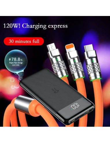 Powerbank Li-Po cu Display LED, 10.000 mAh, 2 X USB, 1 X USB-C si Cablu de incarcare Fast Charge, 3 in 1, 120 W, 2 m