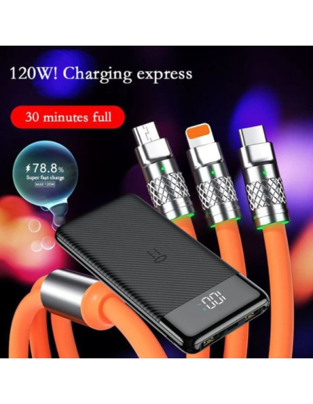 Powerbank Li-Po cu Display LED, 10.000 mAh, 2 X USB, 1 X USB-C si Cablu de incarcare Fast Charge, 3 in 1, 120 W, 2 m