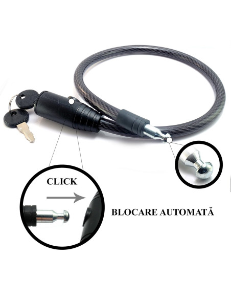 Lacat antifurt pentru bicicleta, cablu din otel acoperit in PVC 12x650mm + 2 chei