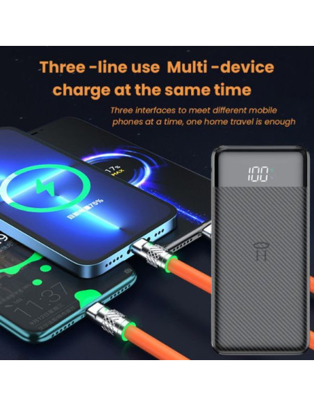 Powerbank Li-Po cu Display LED, 10.000 mAh, 2 X USB, 1 X USB-C si Cablu de incarcare Fast Charge, 3 in 1, 120 W, 2 m