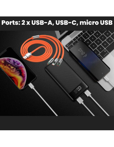 Powerbank Li-Po cu Display LED, 10.000 mAh, 2 X USB, 1 X USB-C si Cablu de incarcare Fast Charge, 3 in 1, 120 W, 2 m