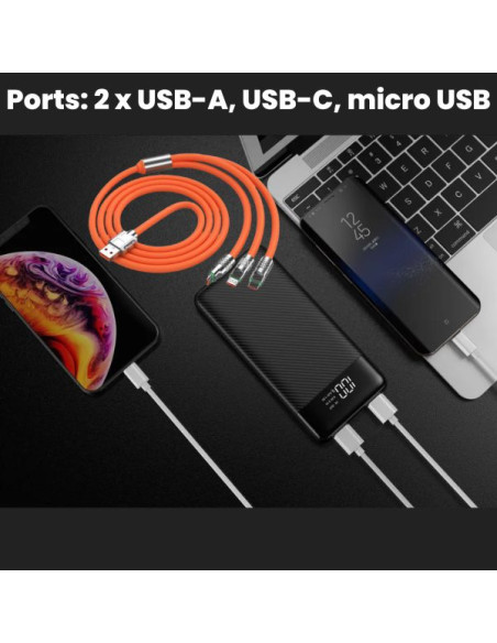 Powerbank Li-Po cu Display LED, 10.000 mAh, 2 X USB, 1 X USB-C si Cablu de incarcare Fast Charge, 3 in 1, 120 W, 2 m