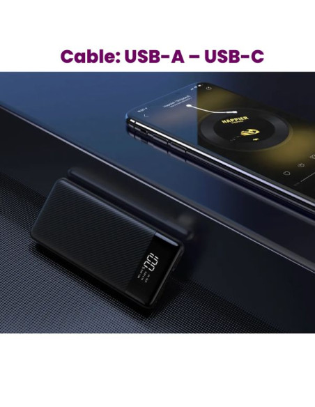 Powerbank Li-Po cu Display LED, 10.000 mAh, 2 X USB, 1 X USB-C si Cablu de incarcare Fast Charge, 3 in 1, 120 W, 2 m