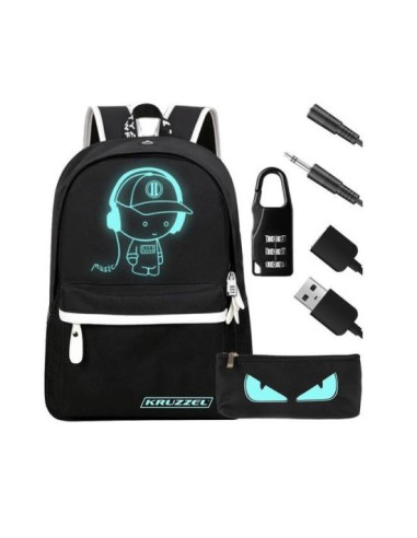 Ghiozdan/rucsac smart, fosforescent, impermeabil, cablu USB, mini jack, lacat, negru, 33x14x42 cm, Kruzzel