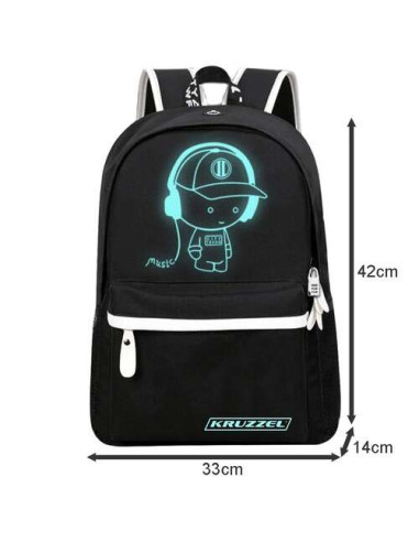 Ghiozdan/rucsac smart, fosforescent, impermeabil, cablu USB, mini jack, lacat, negru, 33x14x42 cm, Kruzzel