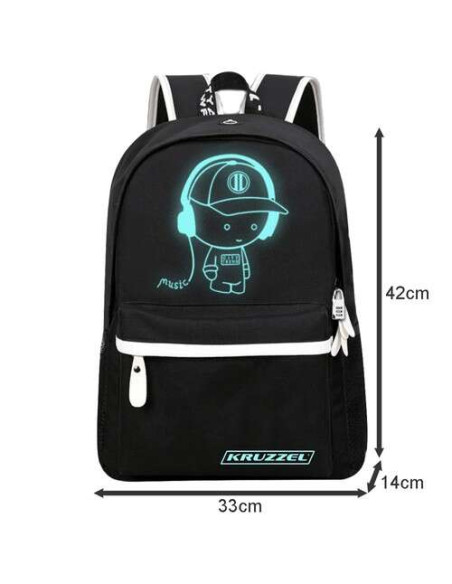 Ghiozdan/rucsac smart, fosforescent, impermeabil, cablu USB, mini jack, lacat, negru, 33x14x42 cm, Kruzzel