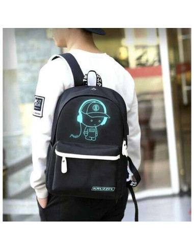 Ghiozdan/rucsac smart, fosforescent, impermeabil, cablu USB, mini jack, lacat, negru, 33x14x42 cm, Kruzzel