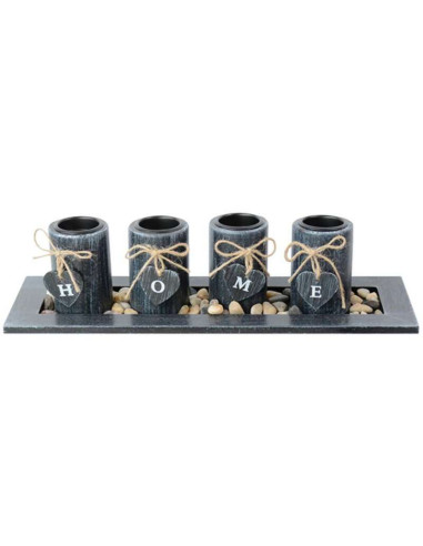 Suport 4 lumanari, model HOME, lemn si pietre naturale, negru, 39x12.5x10 cm, Magic Home