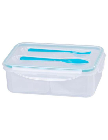 Cutie/caserola alimente, plastic, etansa, albastru, 2 compartiment, cu lingura si furculita, 1.5 L, 22x15.2x7.6 cm, MagicHome