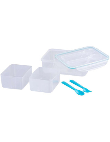 Cutie/caserola alimente, plastic, etansa, albastru, 2 compartiment, cu lingura si furculita, 1.5 L, 22x15.2x7.6 cm, MagicHome