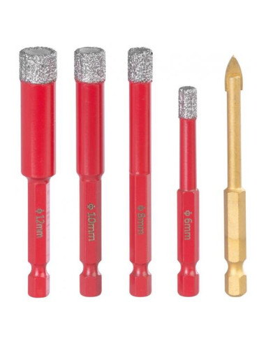 Set burghie diamantate uscate, burghiu de sticla, 5 piese, 6-8-10-12 mm, HEX, Strend Pro Premium