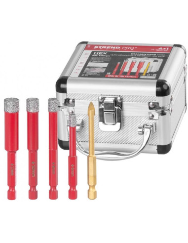 Set burghie diamantate uscate, burghiu de sticla, 5 piese, 6-8-10-12 mm, HEX, Strend Pro Premium