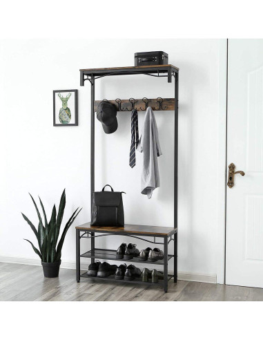Cuier cu 2 rafturi pentru incaltaminte, Vasagle, banca, pal si metal, negru, 80x30x178.5 cm