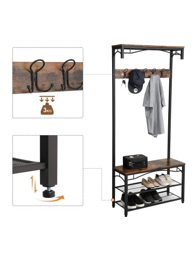 Cuier cu 2 rafturi pentru incaltaminte, Vasagle, banca, pal si metal, negru, 80x30x178.5 cm