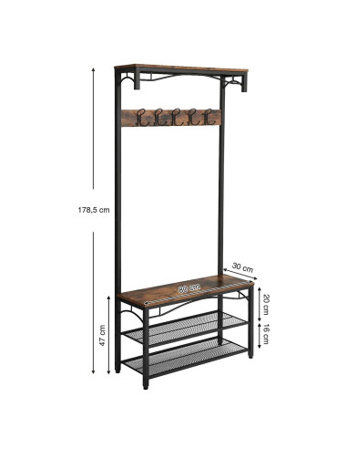 Cuier cu 2 rafturi pentru incaltaminte, Vasagle, banca, pal si metal, negru, 80x30x178.5 cm