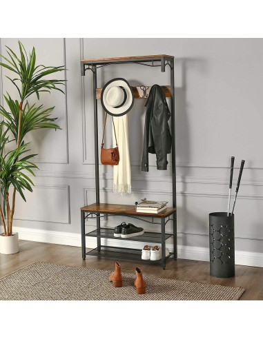 Cuier cu 2 rafturi pentru incaltaminte, Vasagle, banca, pal si metal, negru, 80x30x178.5 cm