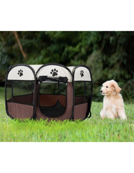 Tarc pentru animale de companie, Artool, textil, pliabil, acoperis detasabil, maro si bej, 74x74x43 cm