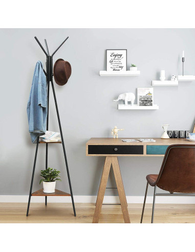 Cuier, Songmics, 6 carlige, 2 rafturi, metal, negru, 49x49x179 cm
