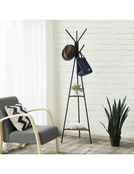 Cuier, Songmics, 6 carlige, 2 rafturi, metal, negru, 49x49x179 cm