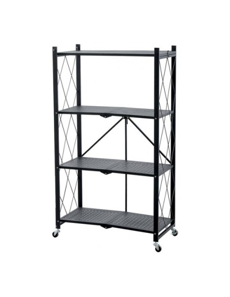Raft depozitare, MagicHome, metalic, pliabil, pe roti, 4 polite, negru, max 200 kg, 72x34x127 cm