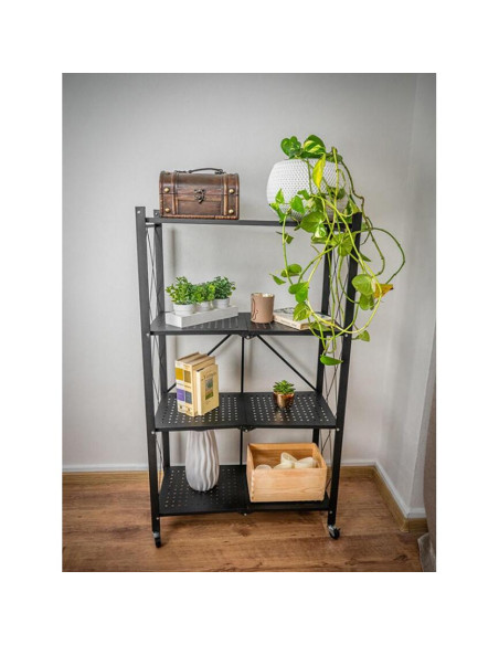 Raft depozitare, MagicHome, metalic, pliabil, pe roti, 4 polite, negru, max 200 kg, 72x34x127 cm