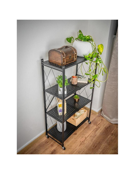Raft depozitare, MagicHome, metalic, pliabil, pe roti, 4 polite, negru, max 200 kg, 72x34x127 cm