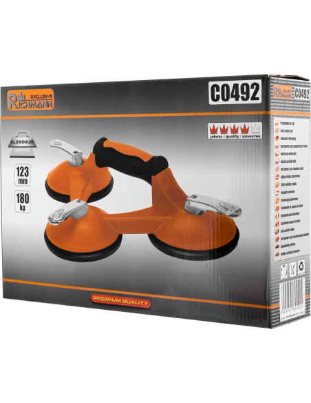 Ventuza pentru transport si montat parbrize, geamuri, placi marmura, granit, 3 brate, max 180 kg, 123 mm, Richmann Exclusive