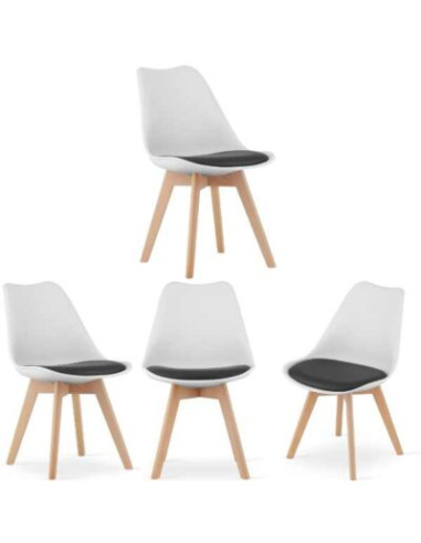 Set 4 Scaune Stil Scandinav, cu Picioare din Lemn de Fag, Sezut din PP si Perna din Piele Ecologica, 49 x 43 x 82 cm, Alb